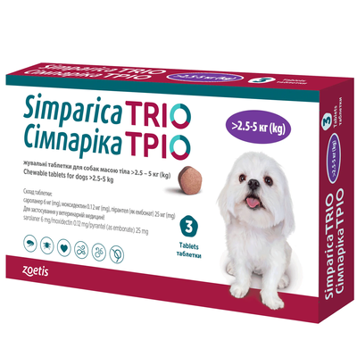 Таблетки Zoetis Simparica Trio від бліх, кліщів та гельмінтів для собак вагою від 2,5-5 кг 3 таб. 300308 фото