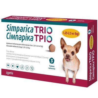 Таблетки Zoetis Simparica Trio від бліх, кліщів та гельмінтів для собак вагою від 1,3-2,5 кг 3 таб. 300310 фото