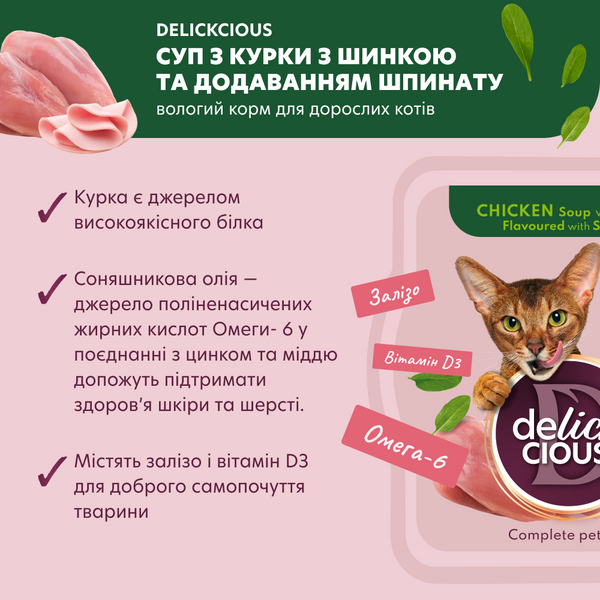DELICKCIOUS&trade; суп з курки з шинкою та додаванням шпинату. Повнораціонний корм для дорослих котів 4820269141599 фото