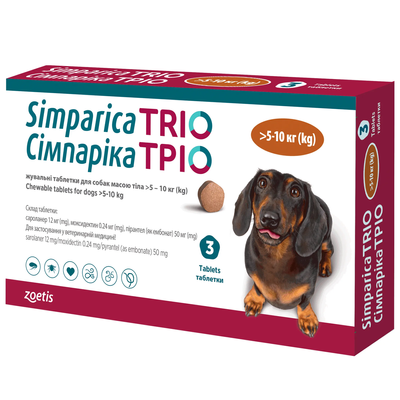 Таблетки Zoetis Simparica Trio від бліх, кліщів та гельмінтів для собак вагою від 5-10 кг 1 таб. 50003468 фото