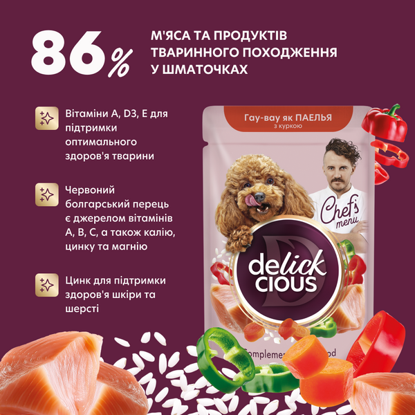 DELICKCIOUS&trade; смакує як паелья з куркою. Додатковий консервований корм для дорослих собак з високим вмістом курячого філе з рисом, морквою та болгарським перцем, 0,085 кг 4820269147041  фото
