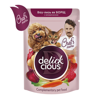 DELICKCIOUS&trade; смакує як борщ з яловичиною. Додатковий консервований корм для дорослих котів та собак з яловичиною, буряком та морквою у соусі, 0,085 кг 4820269147027  фото